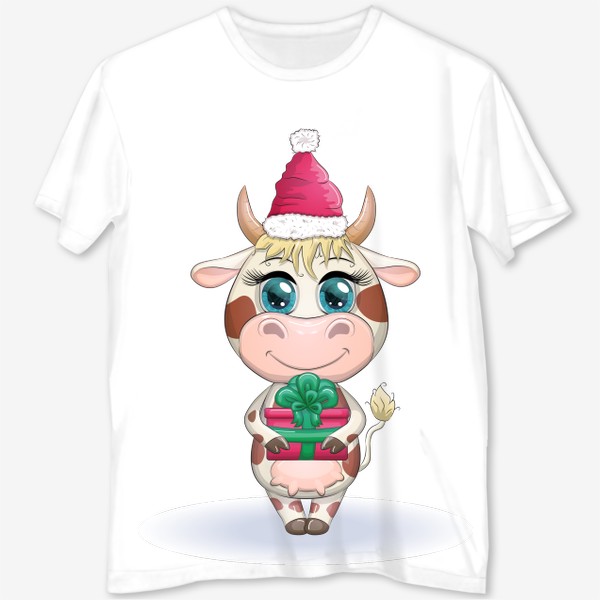 Футболка с полной запечаткой «Бык, символ 2021 года, корова с подарком и в шапке Санта-Клауса»