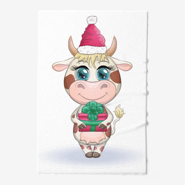 Полотенце «Бык, символ 2021 года, корова с подарком и в шапке Санта-Клауса»