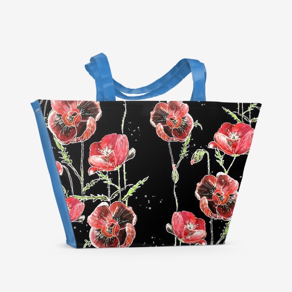 Пляжная сумка «Красные маки, цветы на темном фоне»