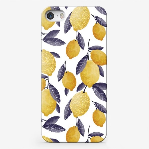 Чехол iPhone «фон с креативными желтыми лимонами с синими листьями»