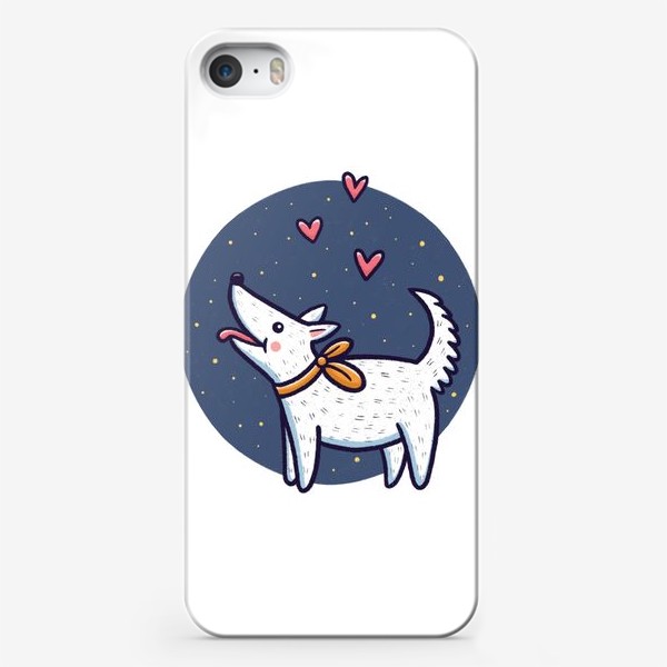 Чехол iPhone «Белая собака с сердечками (на белом фоне)»