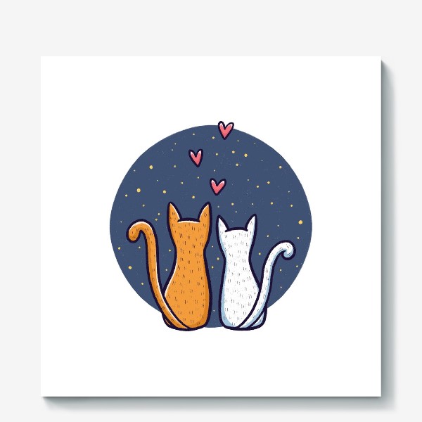 Холст «Влюбленные коты с сердечками на фоне космоса (на белом фоне)»
