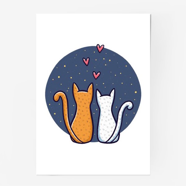 Постер «Влюбленные коты с сердечками на фоне космоса (на белом фоне)»