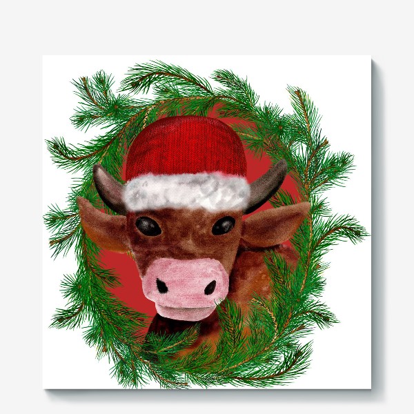 Холст «Новогодний бык в красной шапке с еловым венком»