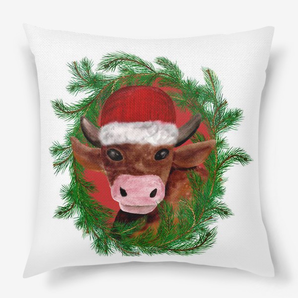 Подушка «Новогодний бык в красной шапке с еловым венком»