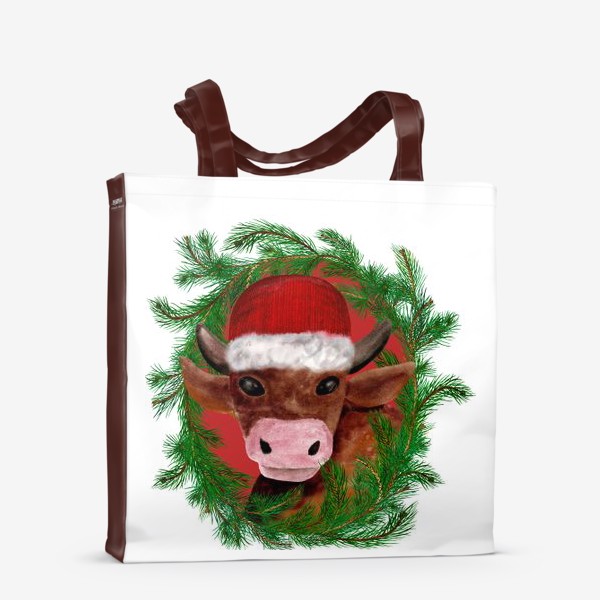 Сумка-шоппер «Новогодний бык в красной шапке с еловым венком»