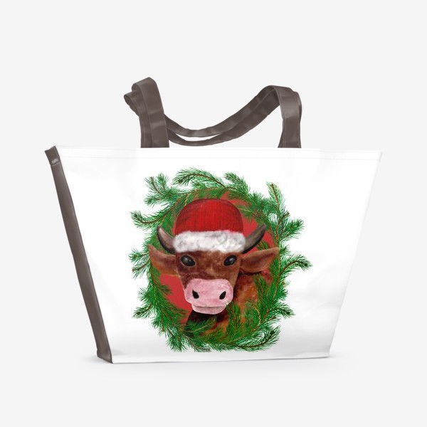 Пляжная сумка «Новогодний бык в красной шапке с еловым венком»