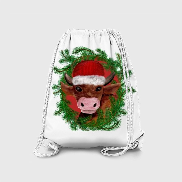 Рюкзак «Новогодний бык в красной шапке с еловым венком»