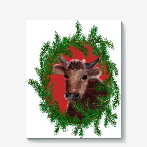 Холст «Новогодний бык с еловым венком»
