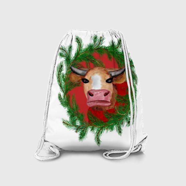 Рюкзак «Новогодняя бурёнка в красном свитере с еловым венком»
