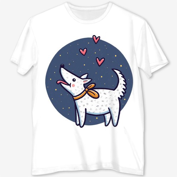 Футболка с полной запечаткой &laquo;Белая собака с сердечками (на белом фоне)&raquo;