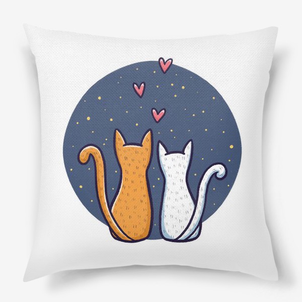 Подушка «Влюбленные коты с сердечками на фоне космоса (на белом фоне)»