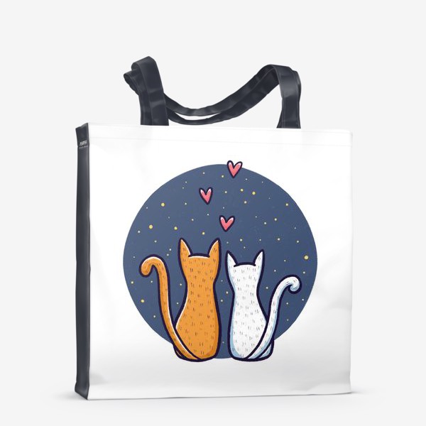 Сумка-шоппер &laquo;Влюбленные коты с сердечками на фоне космоса (на белом фоне)&raquo;