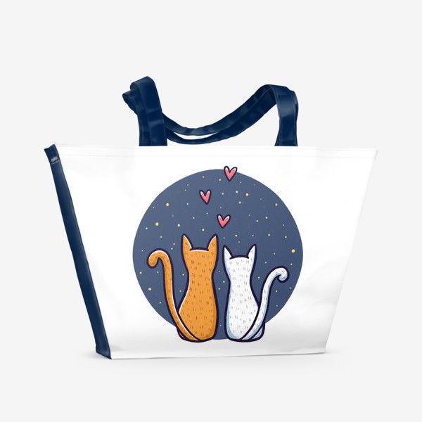 Пляжная сумка «Влюбленные коты с сердечками на фоне космоса (на белом фоне)»