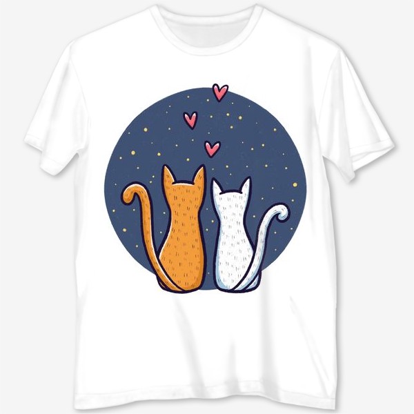 Футболка с полной запечаткой &laquo;Влюбленные коты с сердечками на фоне космоса (на белом фоне)&raquo;