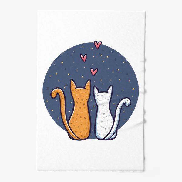 Полотенце «Влюбленные коты с сердечками на фоне космоса (на белом фоне)»