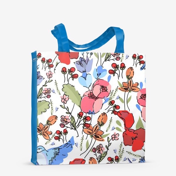 Сумка-шоппер «Яркие синие птички среди цветов»