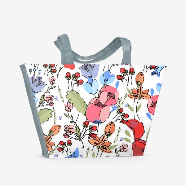 Пляжная сумка «Яркие синие птички среди цветов»
