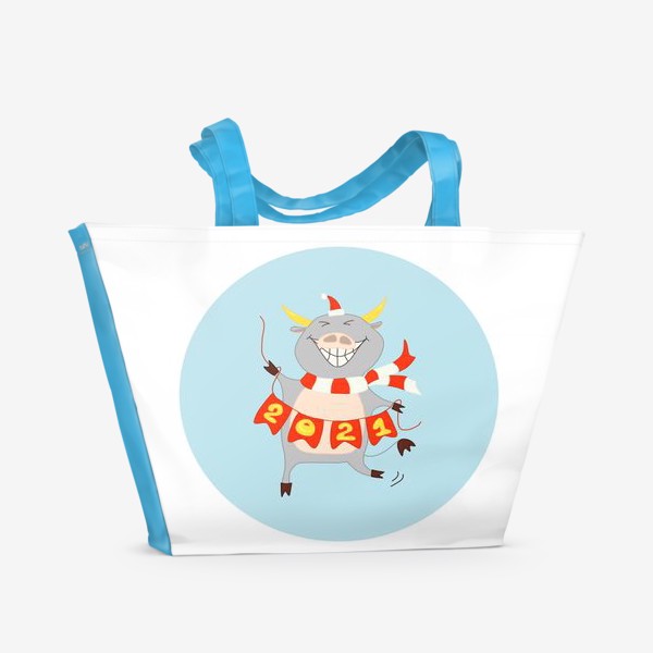 Пляжная сумка «Бык с цифрами 2021 Рождественский бык с гирляндой Смешной новогодний персонаж»