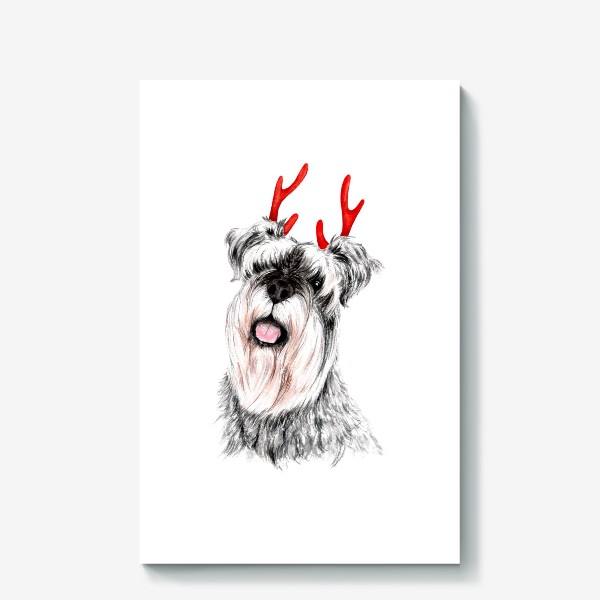 Холст «Собака шнауцер с оленьими рогами милый праздничный принт»