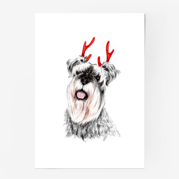 Постер «Собака шнауцер с оленьими рогами милый праздничный принт»