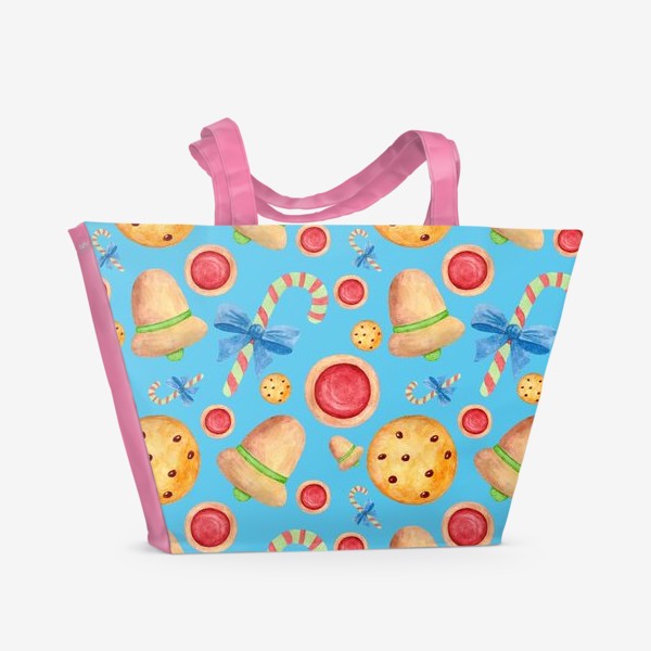 Пляжная сумка «Рждественские сладости, леденцы и пряники на голубом фоне»