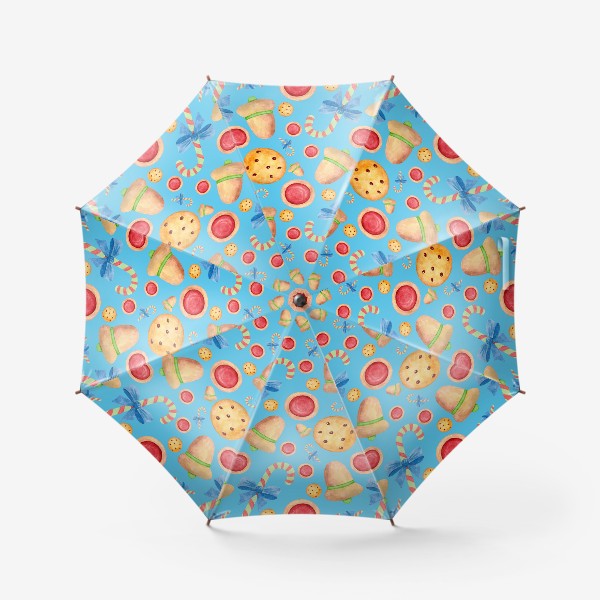 Зонт «Рждественские сладости, леденцы и пряники на голубом фоне»