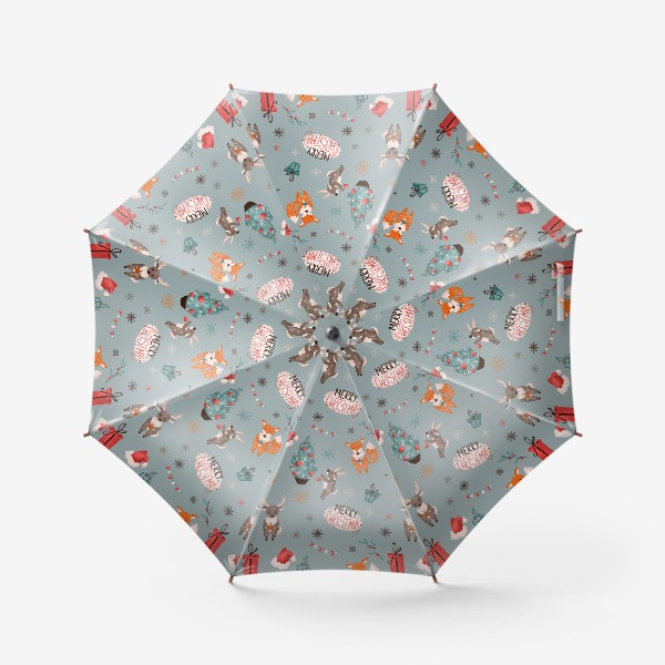 Зонт «Уютный новогодний паттерн с лисой и оленем, снежинки на бирюзовом»
