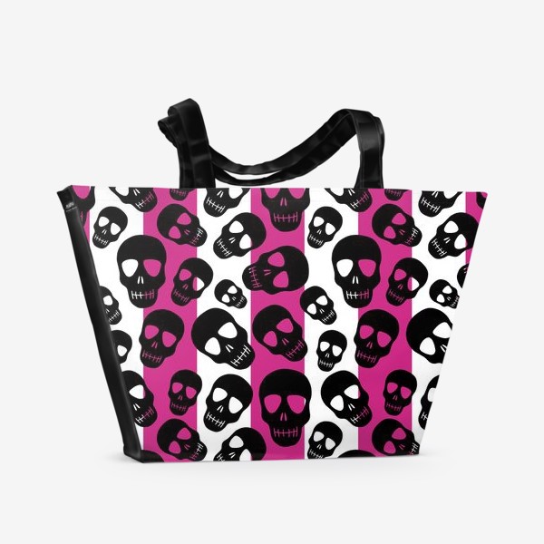 Пляжная сумка &laquo;Черные черепки на розовом-белом полосатом фоне. Гламурная готика&raquo;