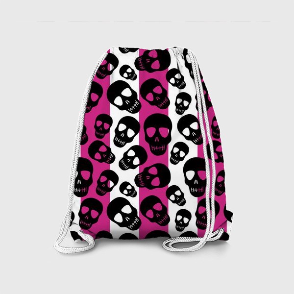 Рюкзак «Черные черепки на розовом-белом полосатом фоне. Гламурная готика»