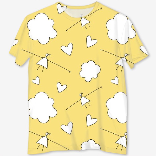 Футболка с полной запечаткой «Девочки облака сердечки Паттерн желтый фон Узор для детей»