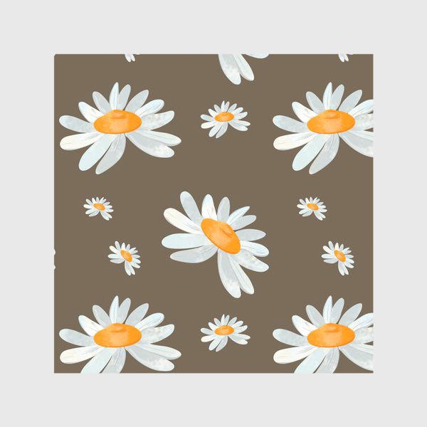 Скатерть «Ромашки цветы бутоны на коричневом паттерн»