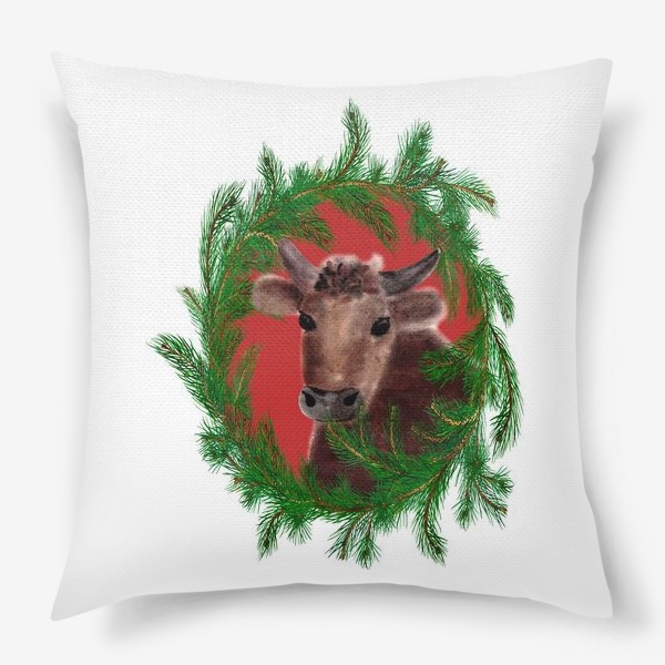 Подушка «Новогодний бык с еловым венком»