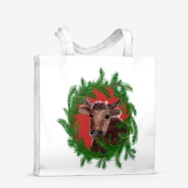 Сумка-шоппер «Новогодний бык с еловым венком»
