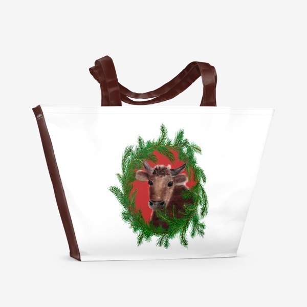 Пляжная сумка &laquo;Новогодний бык с еловым венком&raquo;