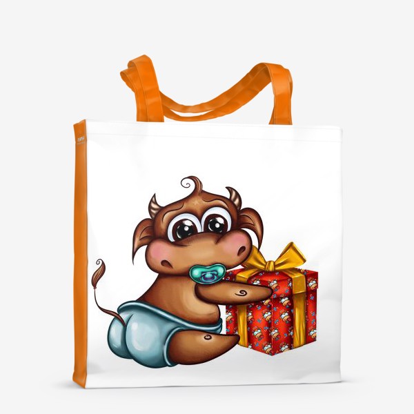 Сумка-шоппер «Новогодний Малыш Бычок с подарком »