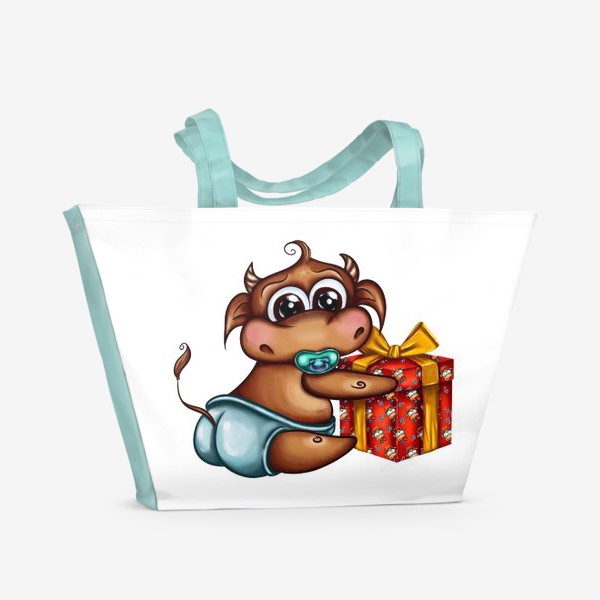 Пляжная сумка «Новогодний Малыш Бычок с подарком »
