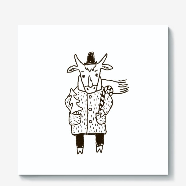 Холст «Бык в пальто и шляпе с ёлкой»