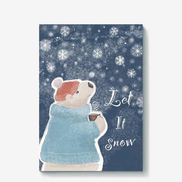 Холст &laquo;Let it snow. Белый медведь в свитере с кружкой какао.Новогодний, зимний, рождественский принт&raquo;