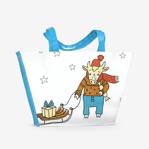 Пляжная сумка «Бык с санками и подарками, в шапке, свитере и штанах. Новогодний символ. Цветной.»