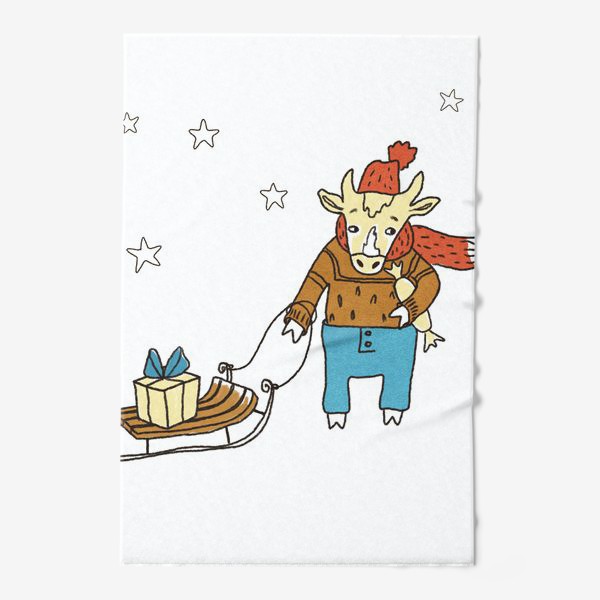 Полотенце &laquo;Бык с санками и подарками, в шапке, свитере и штанах. Новогодний символ. Цветной.&raquo;