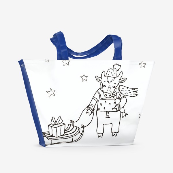 Пляжная сумка &laquo;Бык с санками и подарками, в шапке, свитере и штанах. Новогодний символ.&raquo;