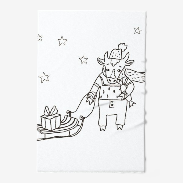 Полотенце &laquo;Бык с санками и подарками, в шапке, свитере и штанах. Новогодний символ.&raquo;