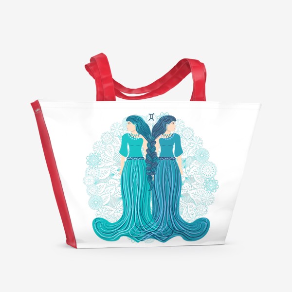 Пляжная сумка «Знак зодиака Близнецы и цветочная мандала»