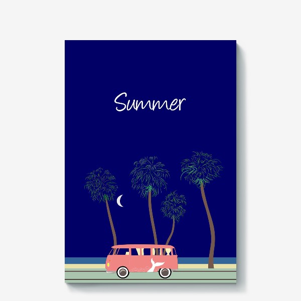 Холст «Ретро автобус на побережье, пальмы, луна, лето»