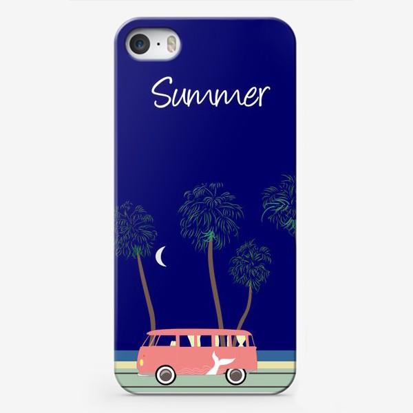 Чехол iPhone «Ретро автобус на побережье, пальмы, луна, лето»