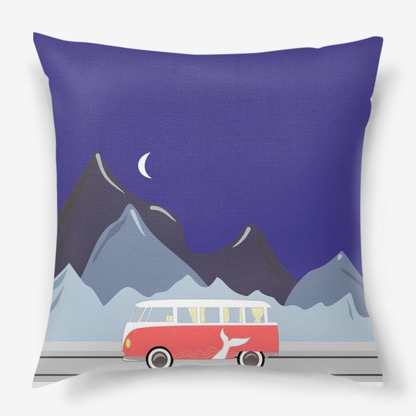 Подушка &laquo;Ретро автобус на дороге, горы и луна&raquo;