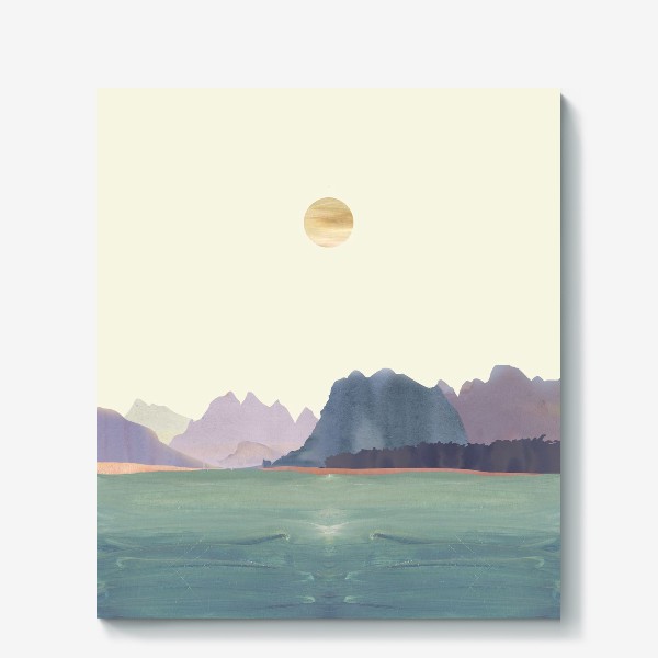 Холст &laquo;Пейзаж в стиле минимализм: "Изумрудное море, небо и горы", пастельные тона &raquo;