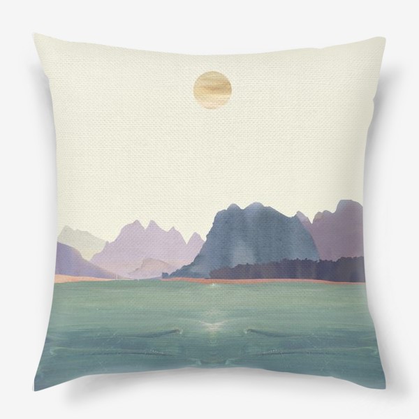 Подушка «Пейзаж в стиле минимализм: "Изумрудное море, небо и горы", пастельные тона »