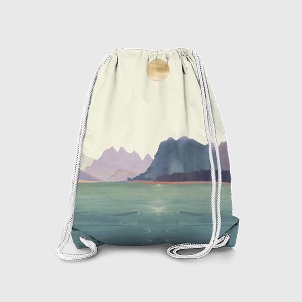 Рюкзак «Пейзаж в стиле минимализм: "Изумрудное море, небо и горы", пастельные тона »